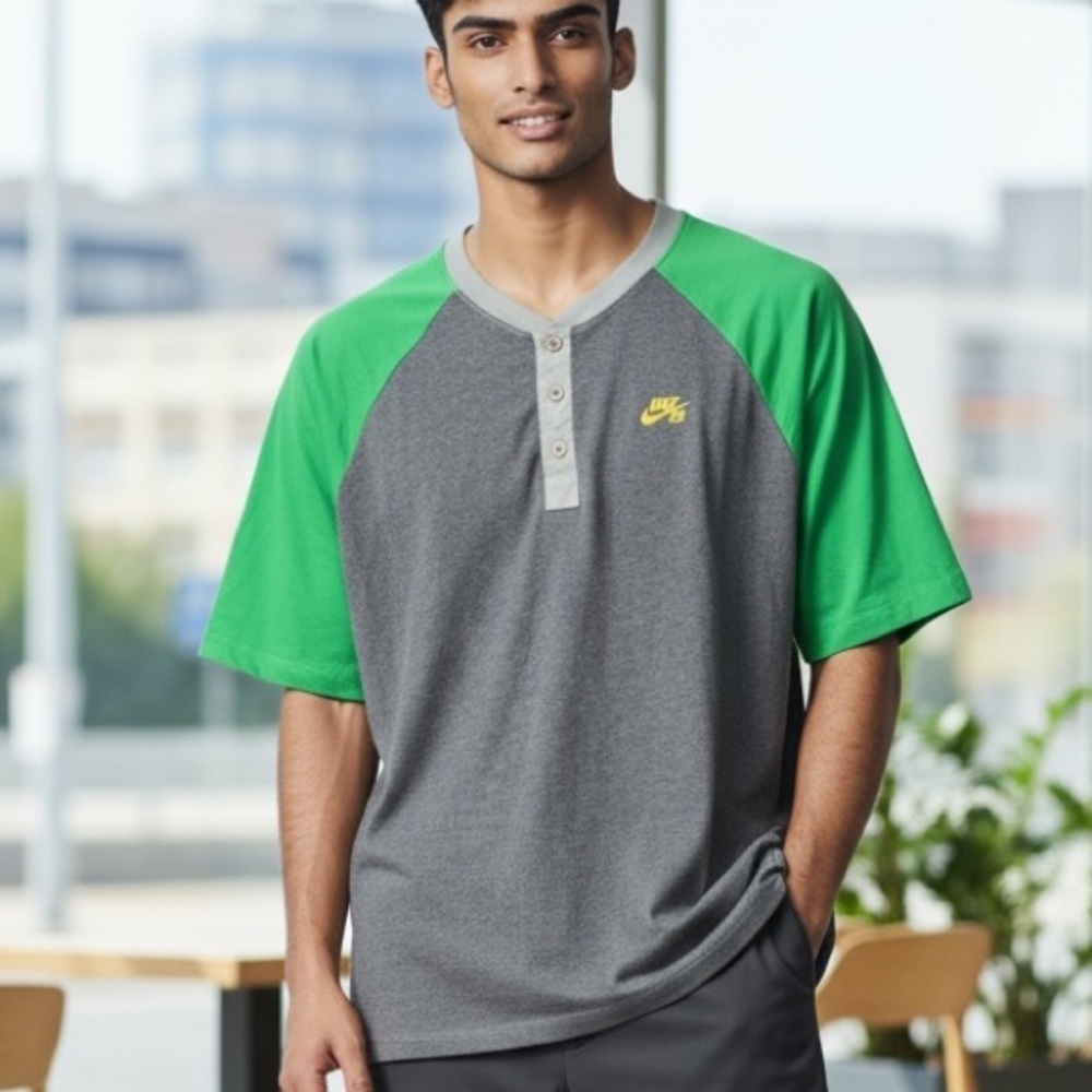 NIKE SKATEBOARDING Mens Vintage Short Sleeve Henley Tee in Gray / Green Size M